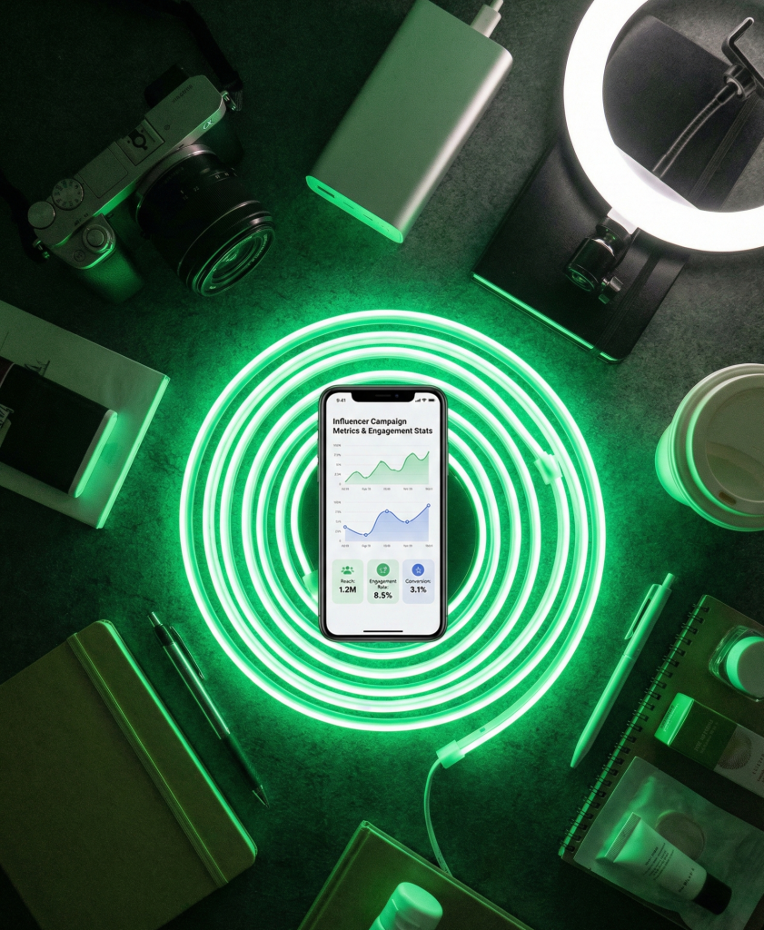 Influencer reviewing campaign performance metrics on mobile device