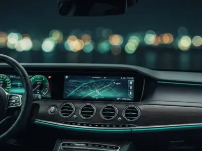 Luxury car dashboard with ambient teal lighting