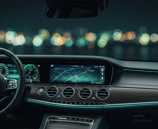 Luxury car dashboard with ambient teal lighting
