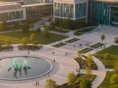 Aerial view of modern university campus at golden hour