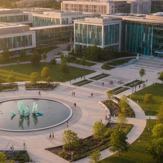 Aerial view of modern university campus at golden hour