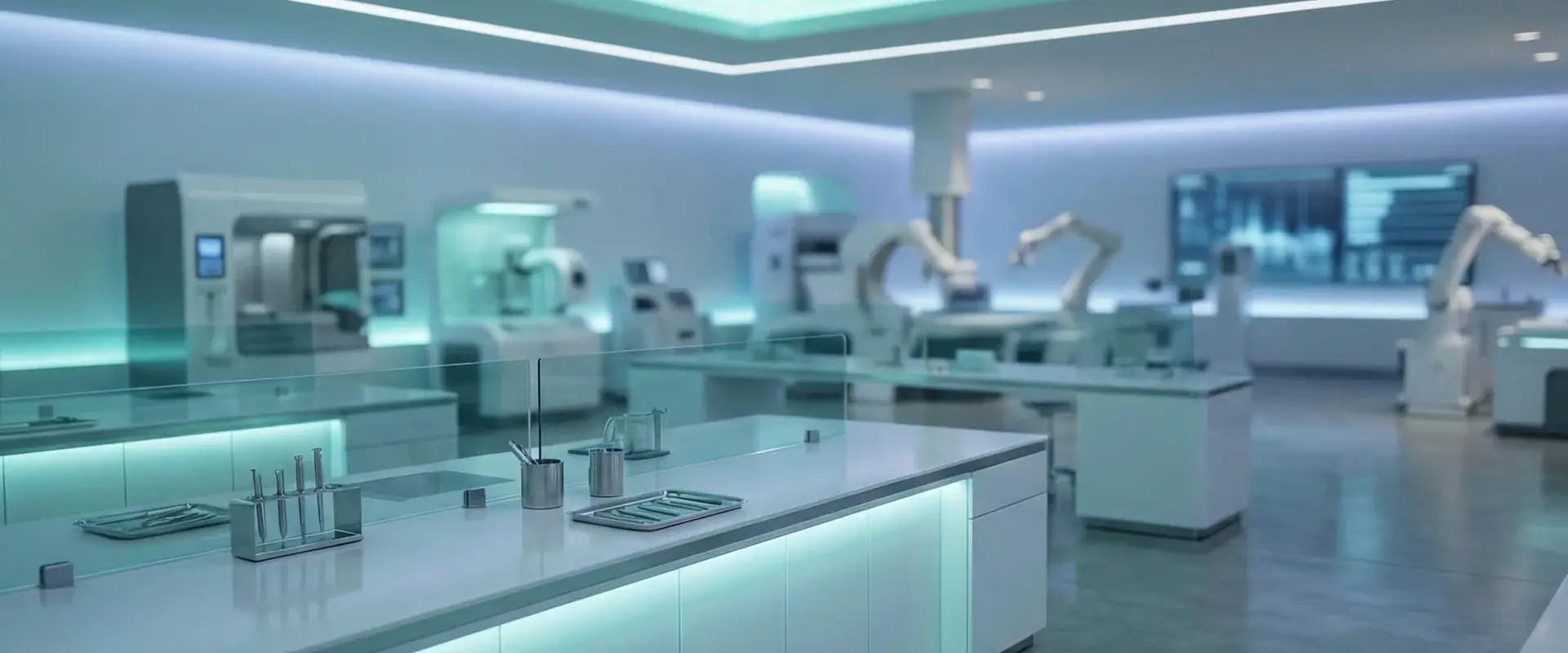 Modern medical research laboratory with teal ambient lighting