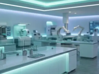 Modern medical research laboratory with teal ambient lighting