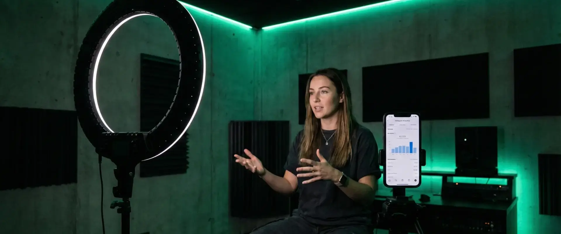 Influencer marketing content creation with ring light and social media analytics