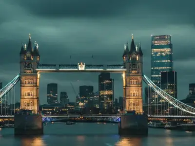 Tower Bridge and London skyline at blue hour