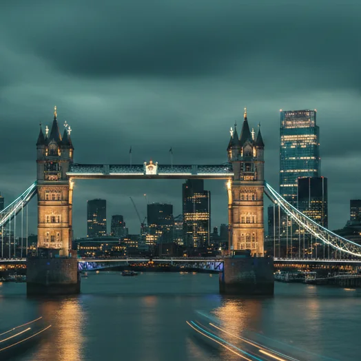 Tower Bridge and London skyline at blue hour