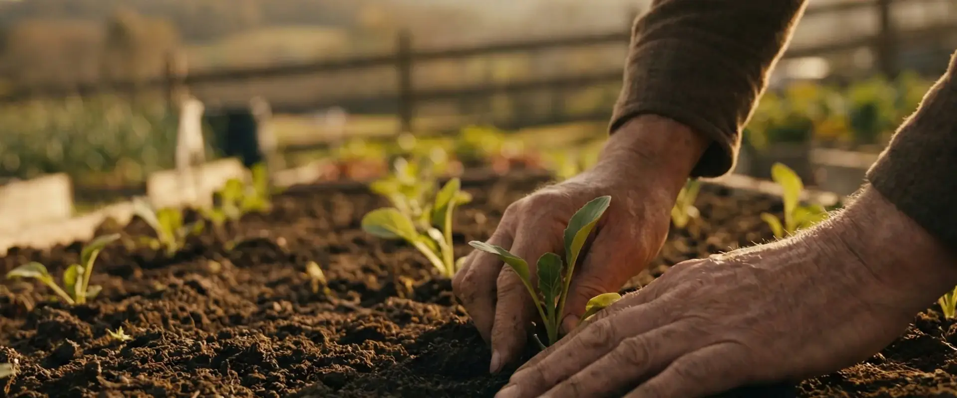 Hands planting seedlings in rich soil at golden hour