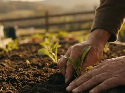Hands planting seedlings in rich soil at golden hour
