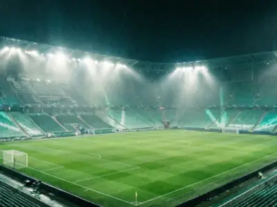 Football stadium at night with floodlights illuminating the pitch